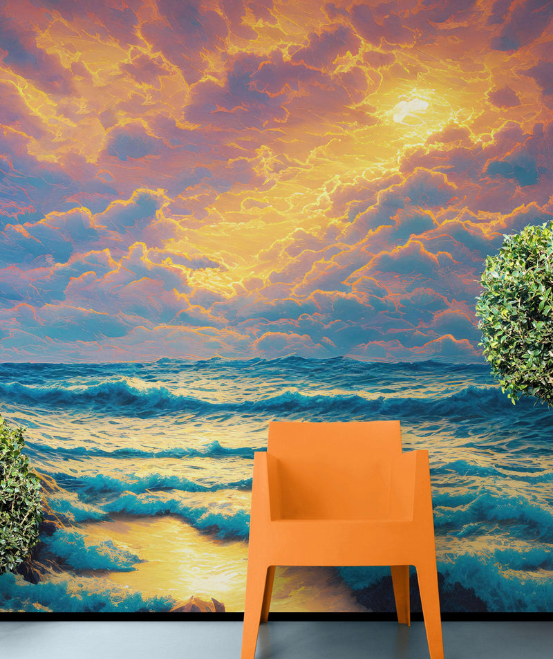 Dramatic Scene of a Sunset Over Blue Ocean Wall Mural Peel and Stick Wallpaper.