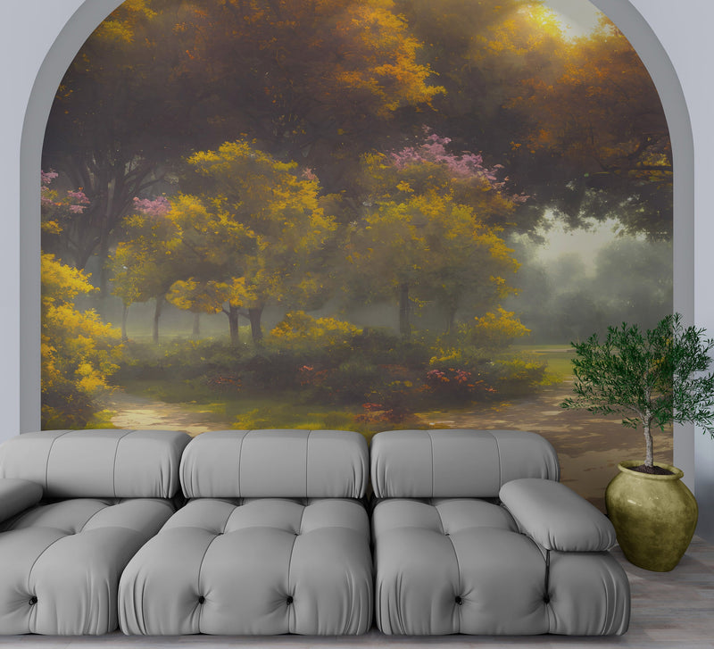 Vintage Trees in Park Wallpaper. Peel and Stick Wall Mural.