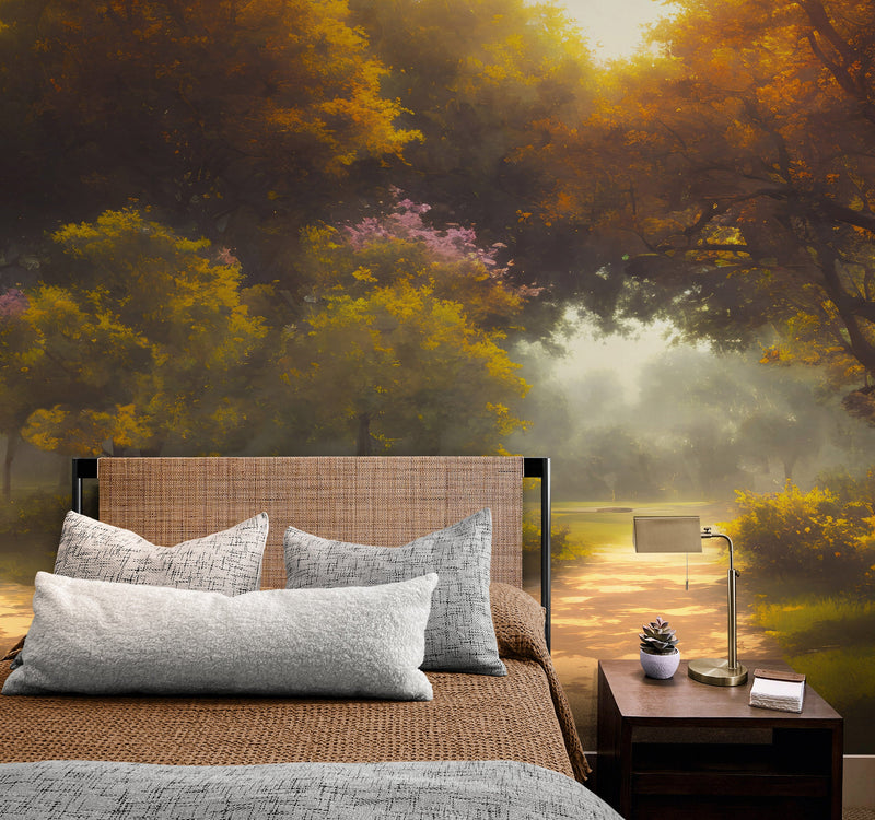 Vintage Trees in Park Wallpaper. Peel and Stick Wall Mural.