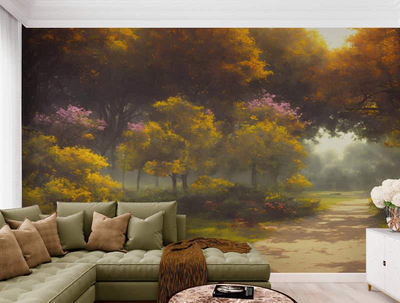 Vintage Trees in Park Wallpaper. Peel and Stick Wall Mural.