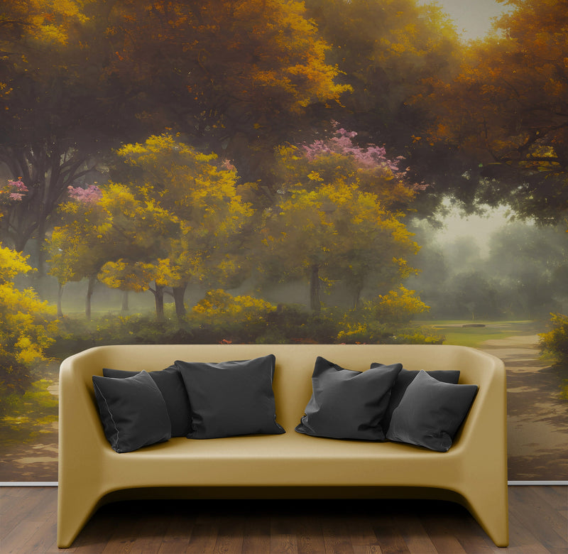 Vintage Trees in Park Wallpaper. Peel and Stick Wall Mural.