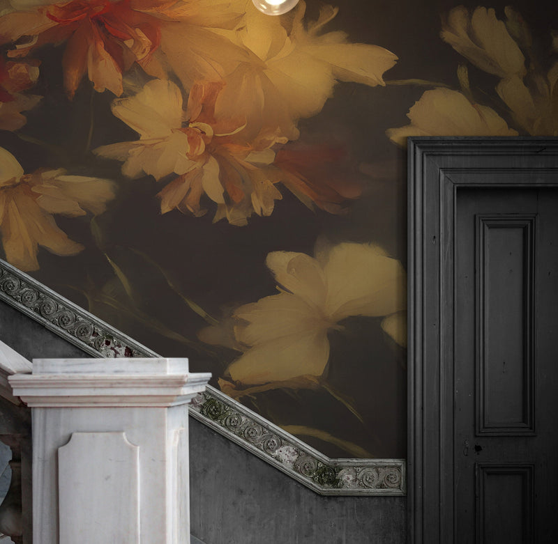 Vintage Dark Background with Yellow Flowers Botanical Wallpaper.