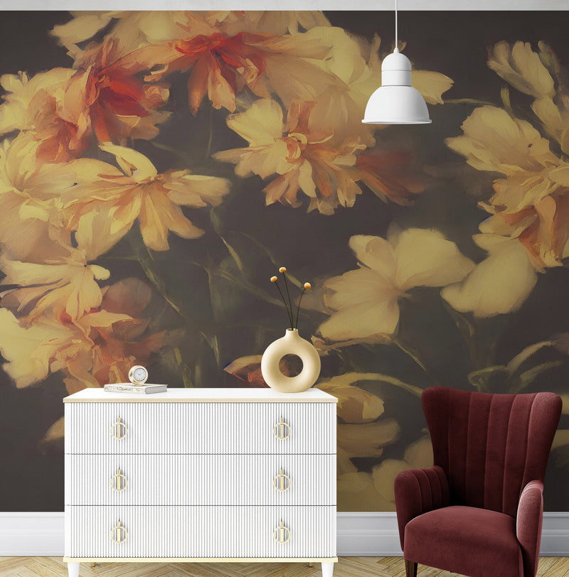 Vintage Dark Background with Yellow Flowers Botanical Wallpaper.