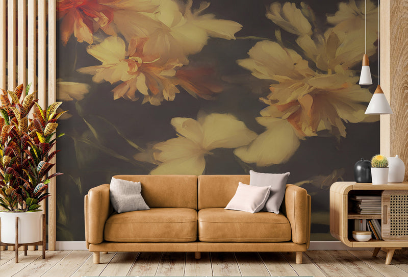 Vintage Dark Background with Yellow Flowers Botanical Wallpaper.