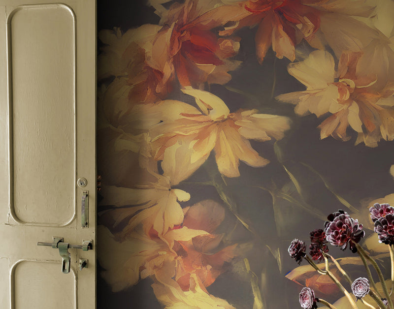 Vintage Dark Background with Yellow Flowers Botanical Wallpaper.