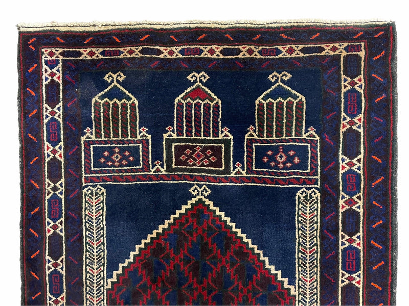 3x5 Vintage Handmade Tribal Wool Rug Balouchi Prayer Rug Afghan Rug Red Blue Wow
