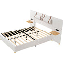 Full Size Upholstered Platform Bed, Two Outlets and USB Charging Ports on Both Sides, Two Bedside Pillows, Storage Shelves,Velvet,Beige