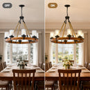 8 Light Rustic Wagon Wheel Chandelier, 31" Wooden Pendant Light with Seeded Glass Shade