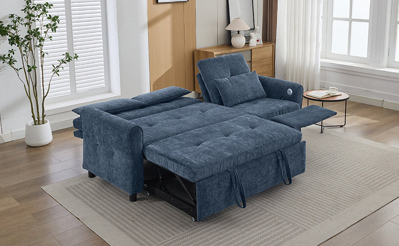 2-in-1 Sofa 82' Three-seater Sofa with Sofa Bed and Reversible Recliner, Blue Chenille