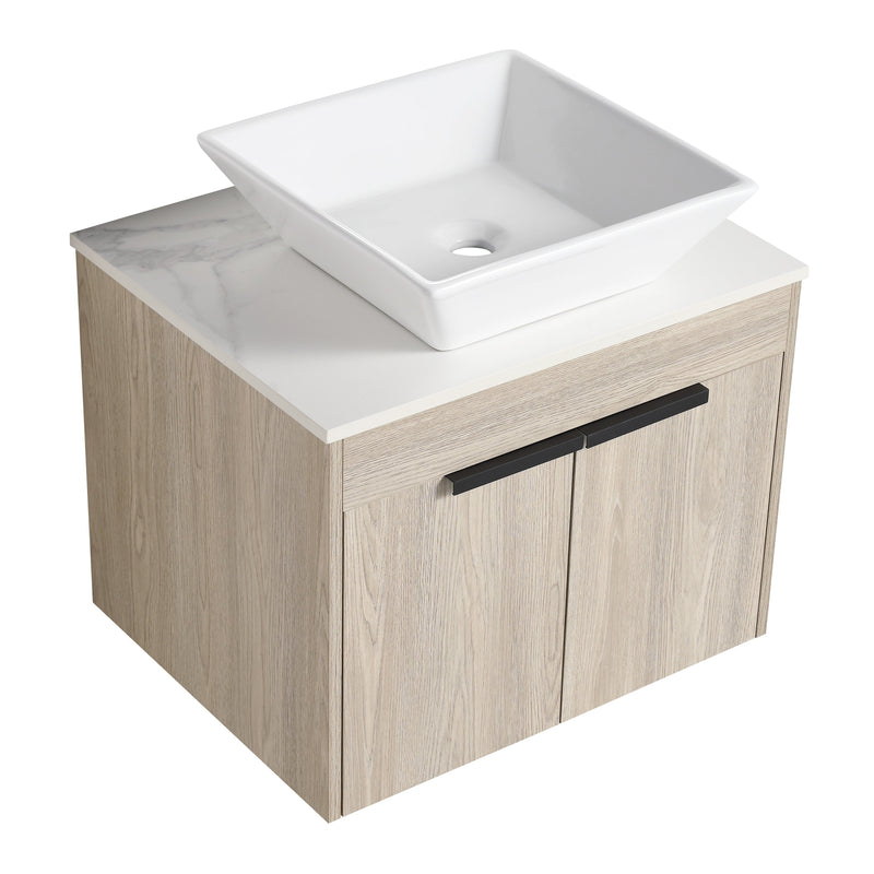 24" Modern Design Float Bathroom Vanity With Ceramic Basin Set, Wall Mounted White Oak Vanity With Soft Close Door, KD-PackingD-Packing Pieces