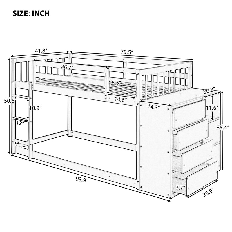 Twin over Twin Bunk Bed with 4 Drawers and 3 Shelves-Espresso