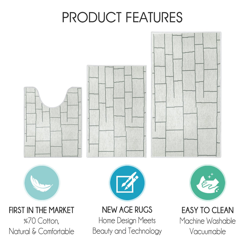 Grid Design 3 Piece Bathroom Rugs Set | Ivory
