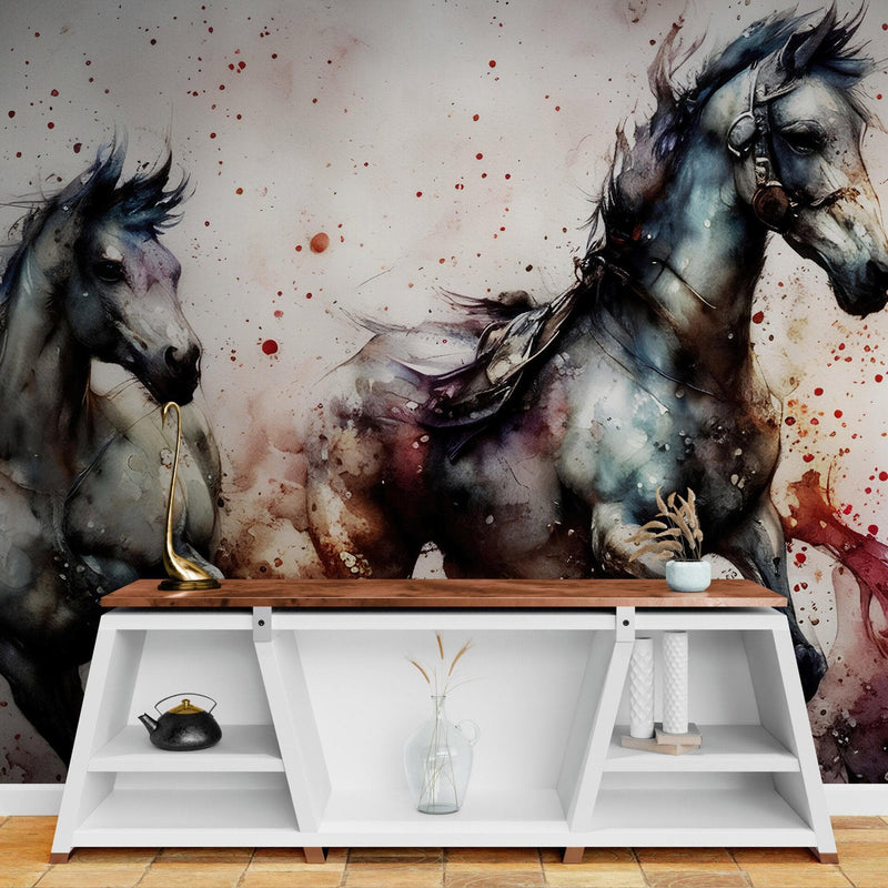 Horse Galloping Watercolor Painting. Cowboy Peel and Stick Wall Mural.