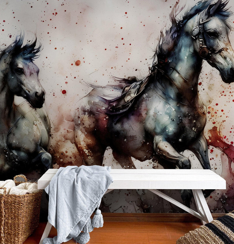 Horse Galloping Watercolor Painting. Cowboy Peel and Stick Wall Mural.