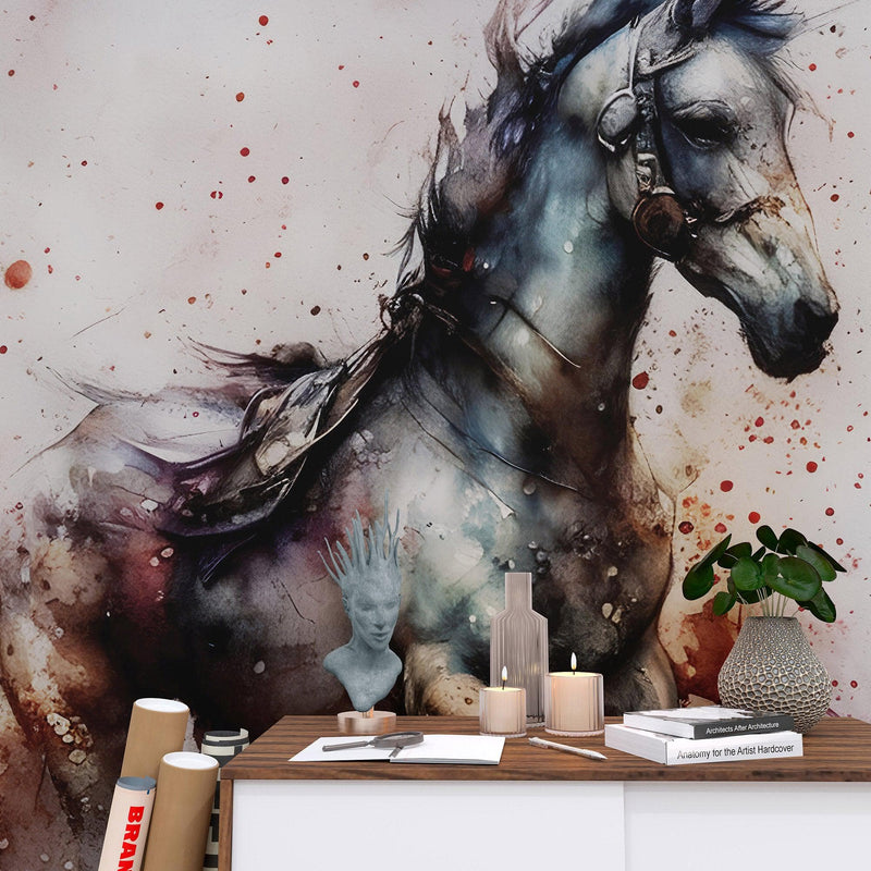 Horse Galloping Watercolor Painting. Cowboy Peel and Stick Wall Mural.