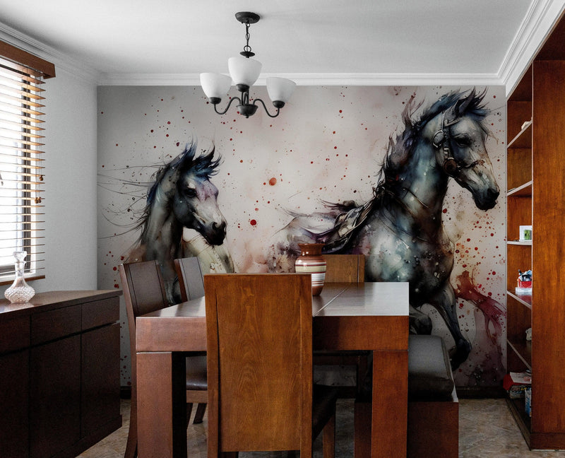 Horse Galloping Watercolor Painting. Cowboy Peel and Stick Wall Mural.