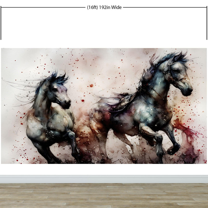 Horse Galloping Watercolor Painting. Cowboy Peel and Stick Wall Mural.