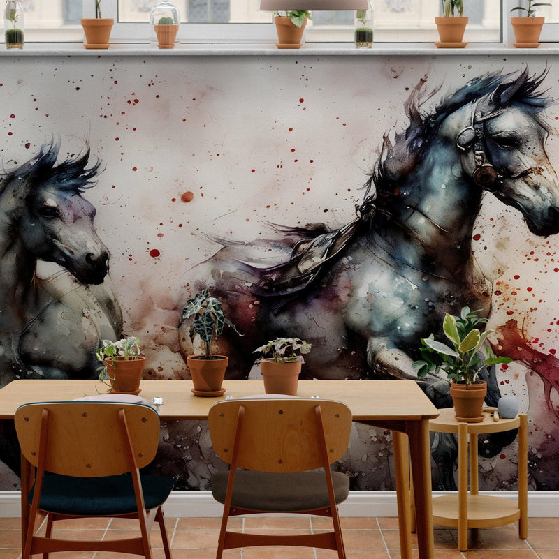 Horse Galloping Watercolor Painting. Cowboy Peel and Stick Wall Mural.