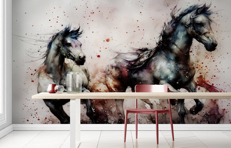 Horse Galloping Watercolor Painting. Cowboy Peel and Stick Wall Mural.