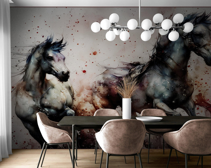 Horse Galloping Watercolor Painting. Cowboy Peel and Stick Wall Mural.