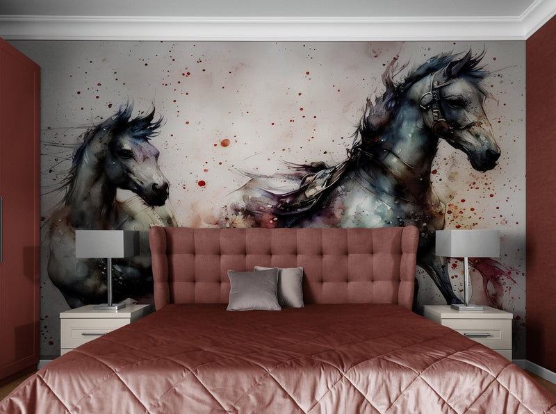 Horse Galloping Watercolor Painting. Cowboy Peel and Stick Wall Mural.