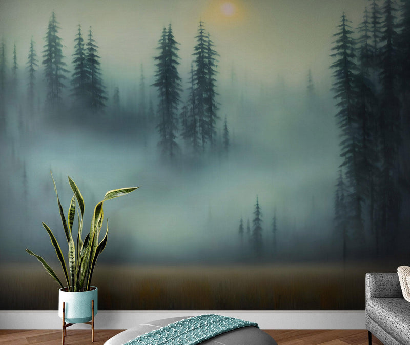 Misty Forest Wallpaper, Peel and Stick Wall Mural.