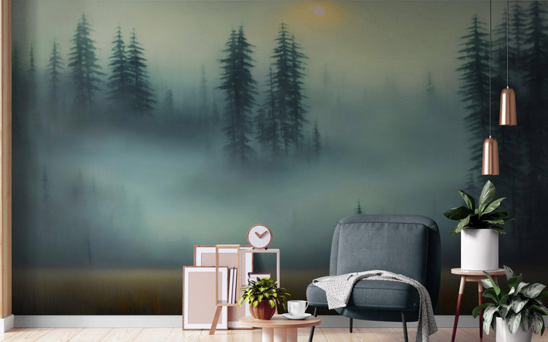 Misty Forest Wallpaper, Peel and Stick Wall Mural.