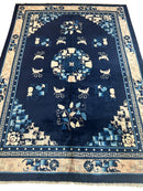 Hand-Knotted Antique Chinese Peking Wool Rug – 5’6” x 7’6” – Full Pile Navy and Cream Design