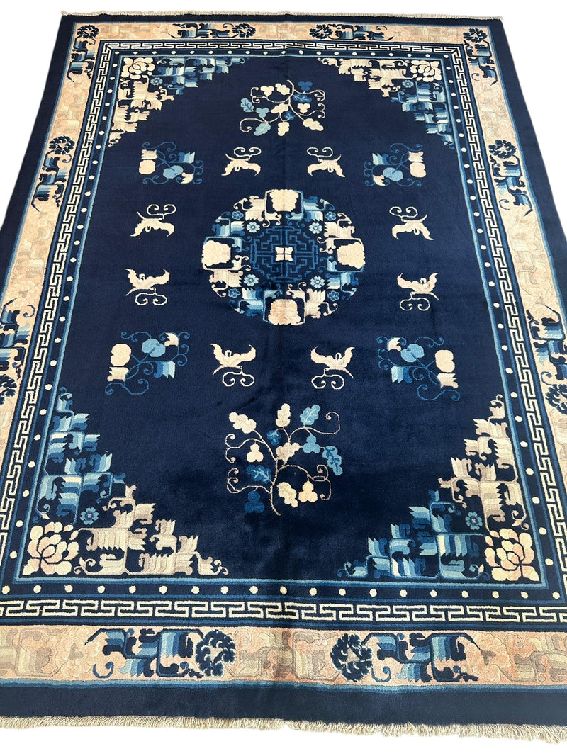 Hand-Knotted Antique Chinese Peking Wool Rug – 5’6” x 7’6” – Full Pile Navy and Cream Design