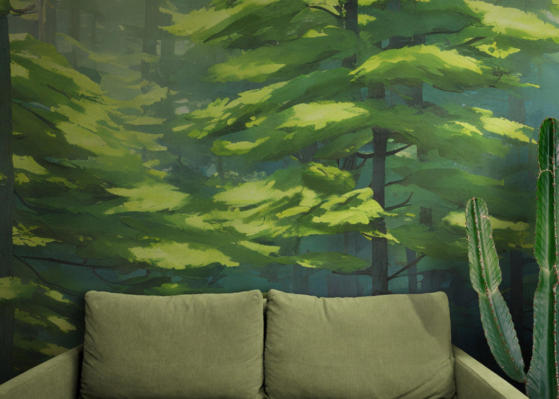 Evergreen Forest Wall Mural. Peel and Stick Wallpaper.