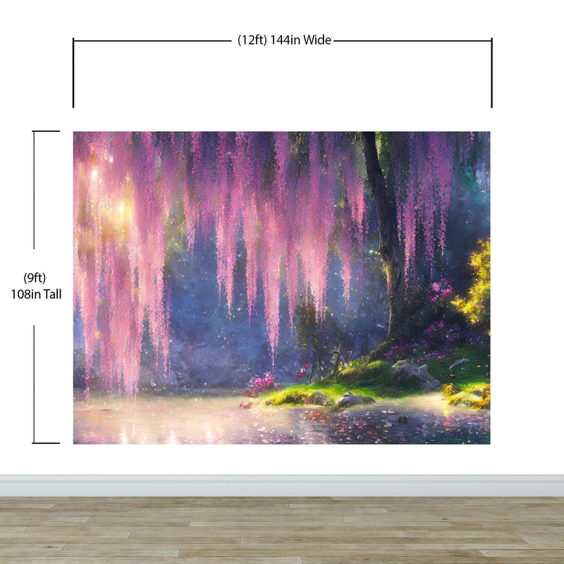 Enchanted Forest with Pink Cherry Blossom Tree Wall Mural.