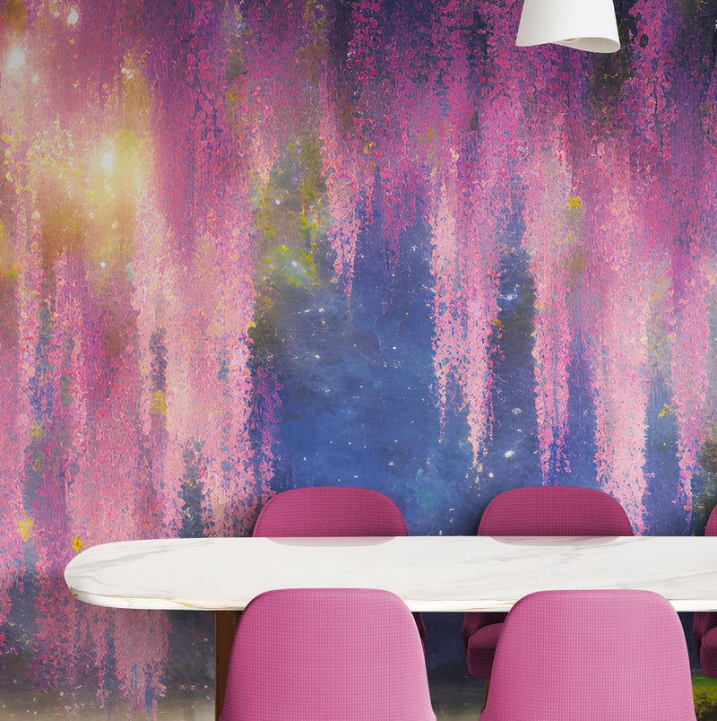 Enchanted Forest with Pink Cherry Blossom Tree Wall Mural.