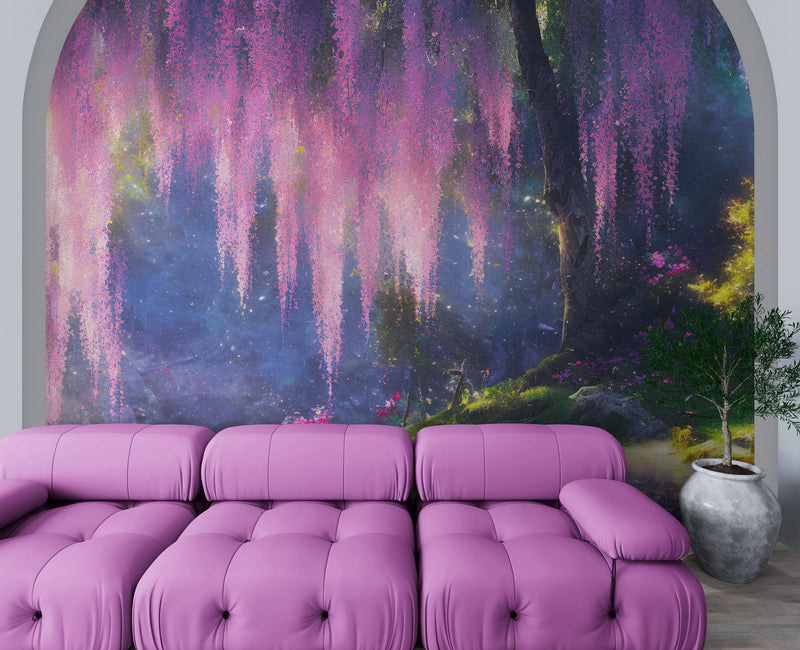 Enchanted Forest with Pink Cherry Blossom Tree Wall Mural.