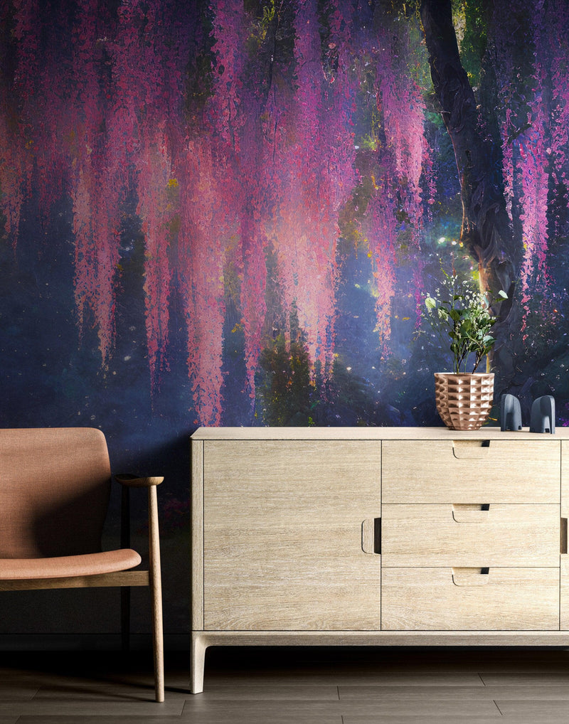 Enchanted Forest with Pink Cherry Blossom Tree Wall Mural.