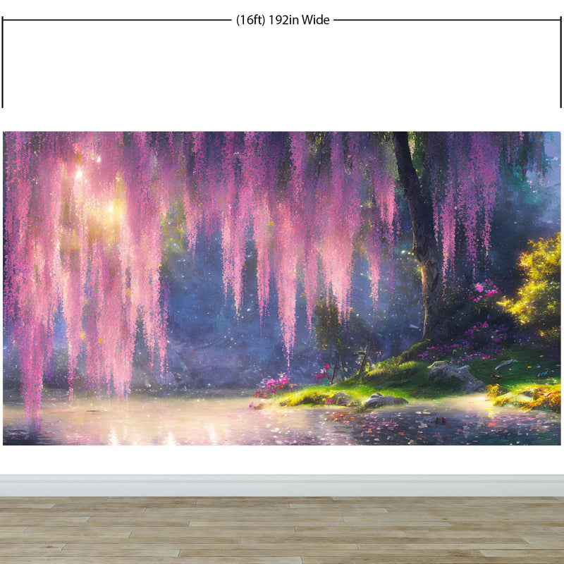 Enchanted Forest with Pink Cherry Blossom Tree Wall Mural.