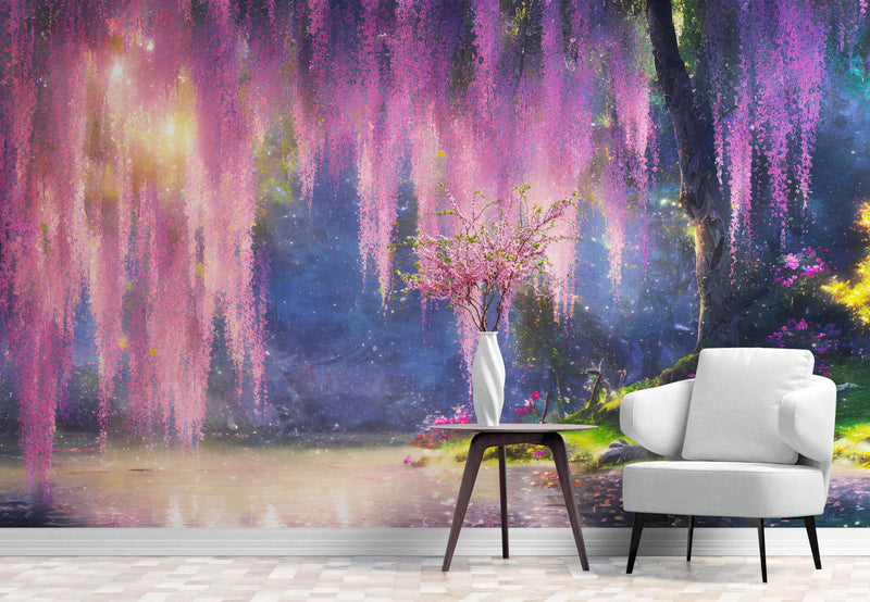 Enchanted Forest with Pink Cherry Blossom Tree Wall Mural.