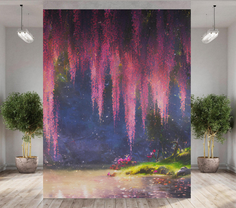 Enchanted Forest with Pink Cherry Blossom Tree Wall Mural.