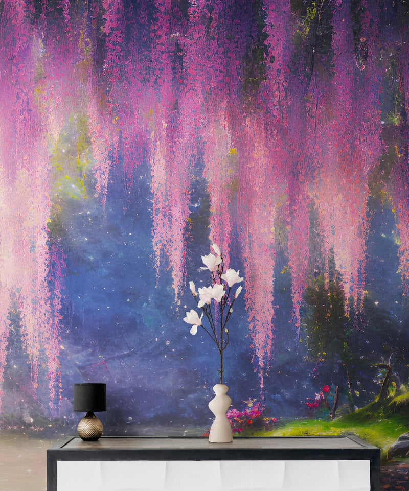 Enchanted Forest with Pink Cherry Blossom Tree Wall Mural.