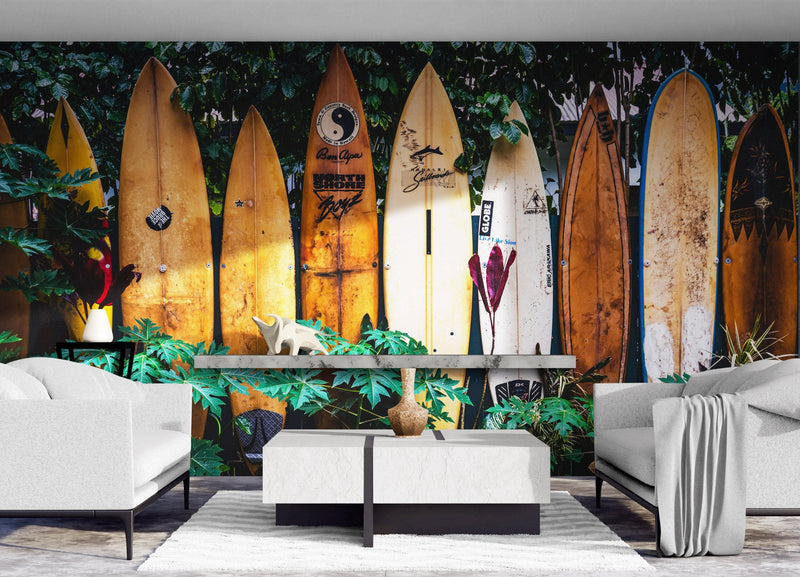 Surfboards Wall Mural. Peel and Stick Wallpaper. Summer Tropical Beach Theme Decor.