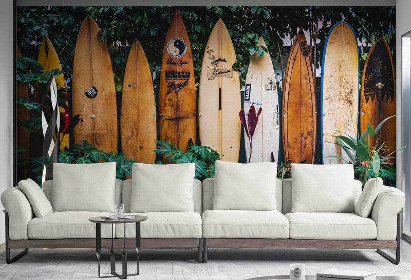 Surfboards Wall Mural. Peel and Stick Wallpaper. Summer Tropical Beach Theme Decor.