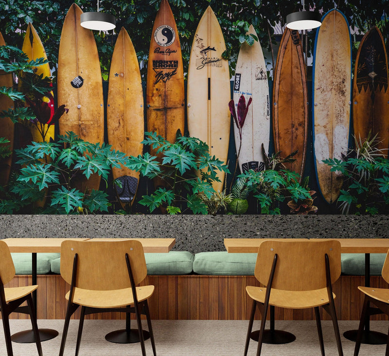 Surfboards Wall Mural. Peel and Stick Wallpaper. Summer Tropical Beach Theme Decor.