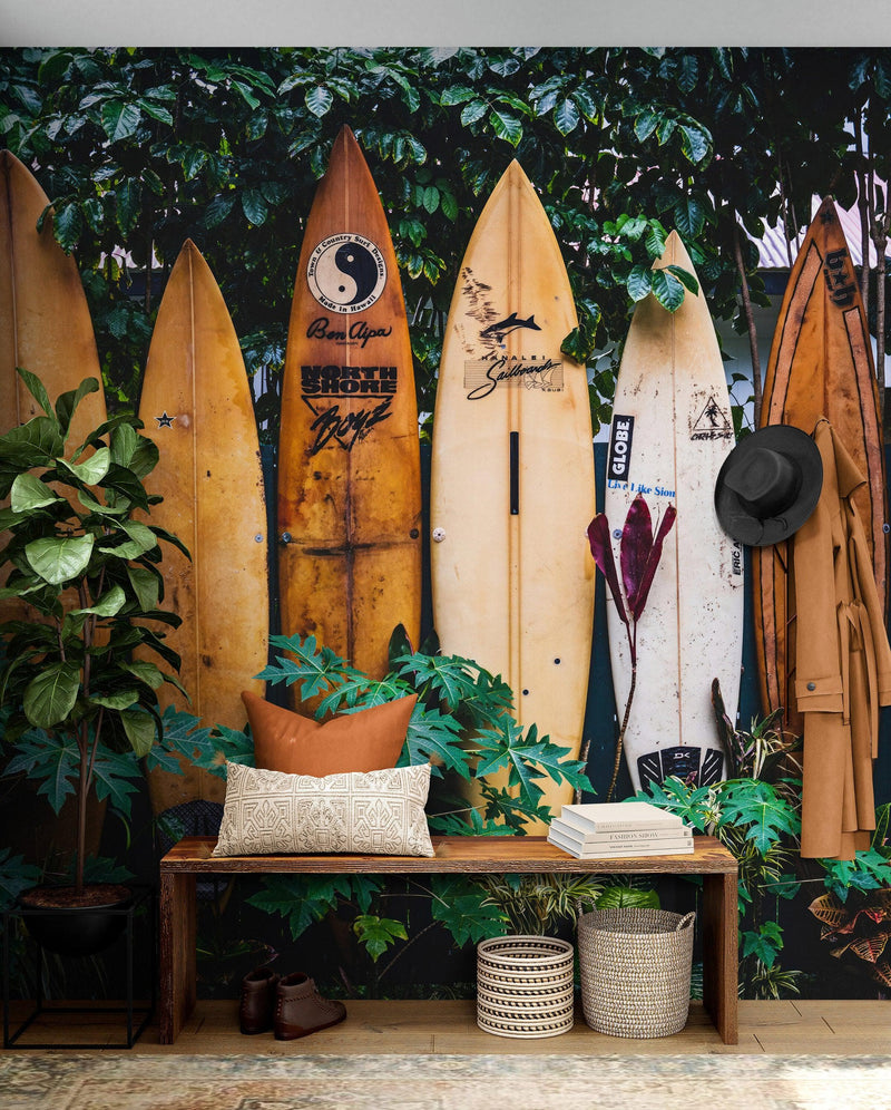 Surfboards Wall Mural. Peel and Stick Wallpaper. Summer Tropical Beach Theme Decor.