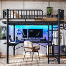 Full Loft Bed with L-Shaped Desk and LED Light Strip