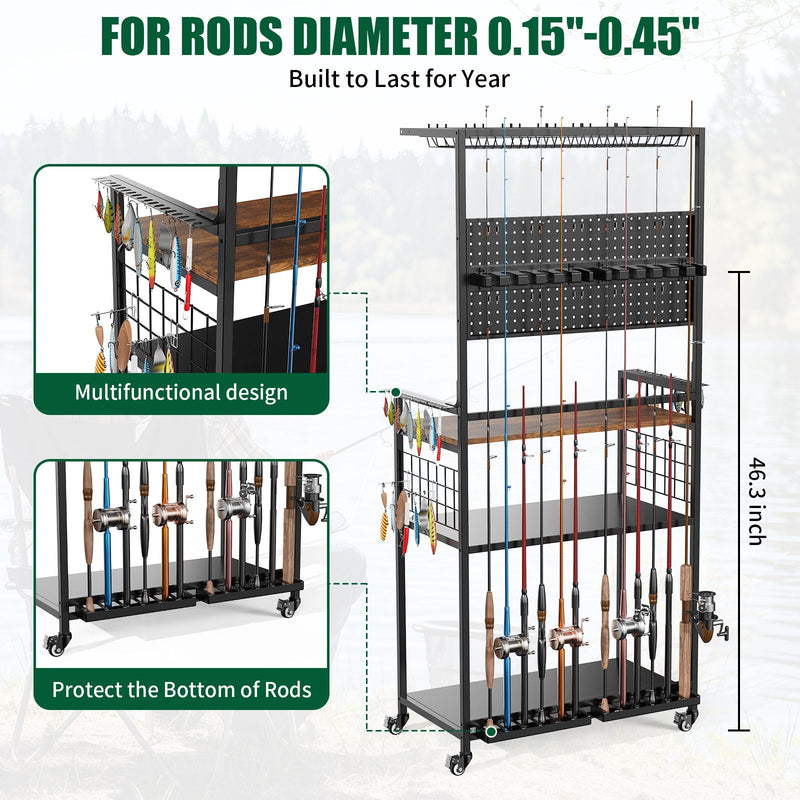 Fishing Rod Storage Rack With Pegboard, Rolling Tackle Organizer Cart - Black, photo 5 of 13