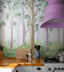 Colorful Nursery Woodland Forest Wallpaper. Watercolor Birch Tree Forest Wall Mural.