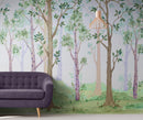 Colorful Nursery Woodland Forest Wallpaper. Watercolor Birch Tree Forest Wall Mural.