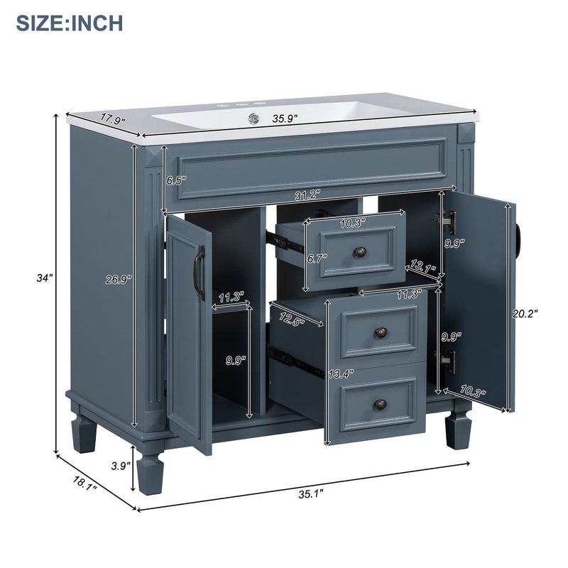 36" Bathroom Vanity with Top Sink, Royal Blue Mirror Cabinet, Modern Bathroom Storage Cabinet with 2 Soft Closing Doors and 2 Drawers, Single Sink Bathroom Vanity