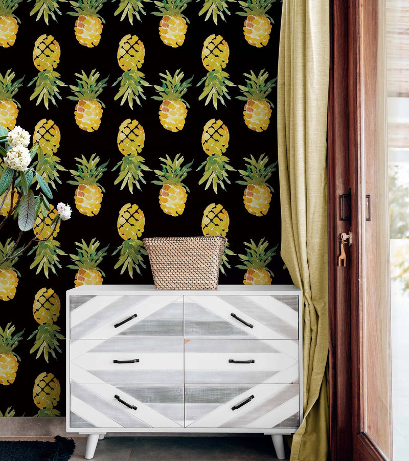 Pineapple Wallpaper. Pink, Purple, or Black Color Peel and Stick Wall Mural.