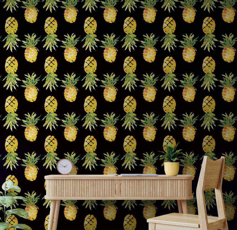 Pineapple Wallpaper. Pink, Purple, or Black Color Peel and Stick Wall Mural.