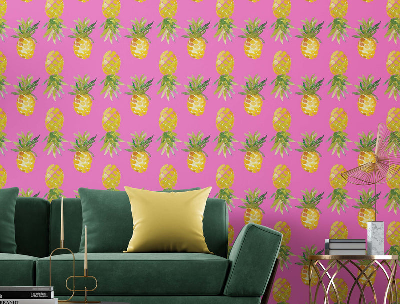 Pineapple Wallpaper. Pink, Purple, or Black Color Peel and Stick Wall Mural.